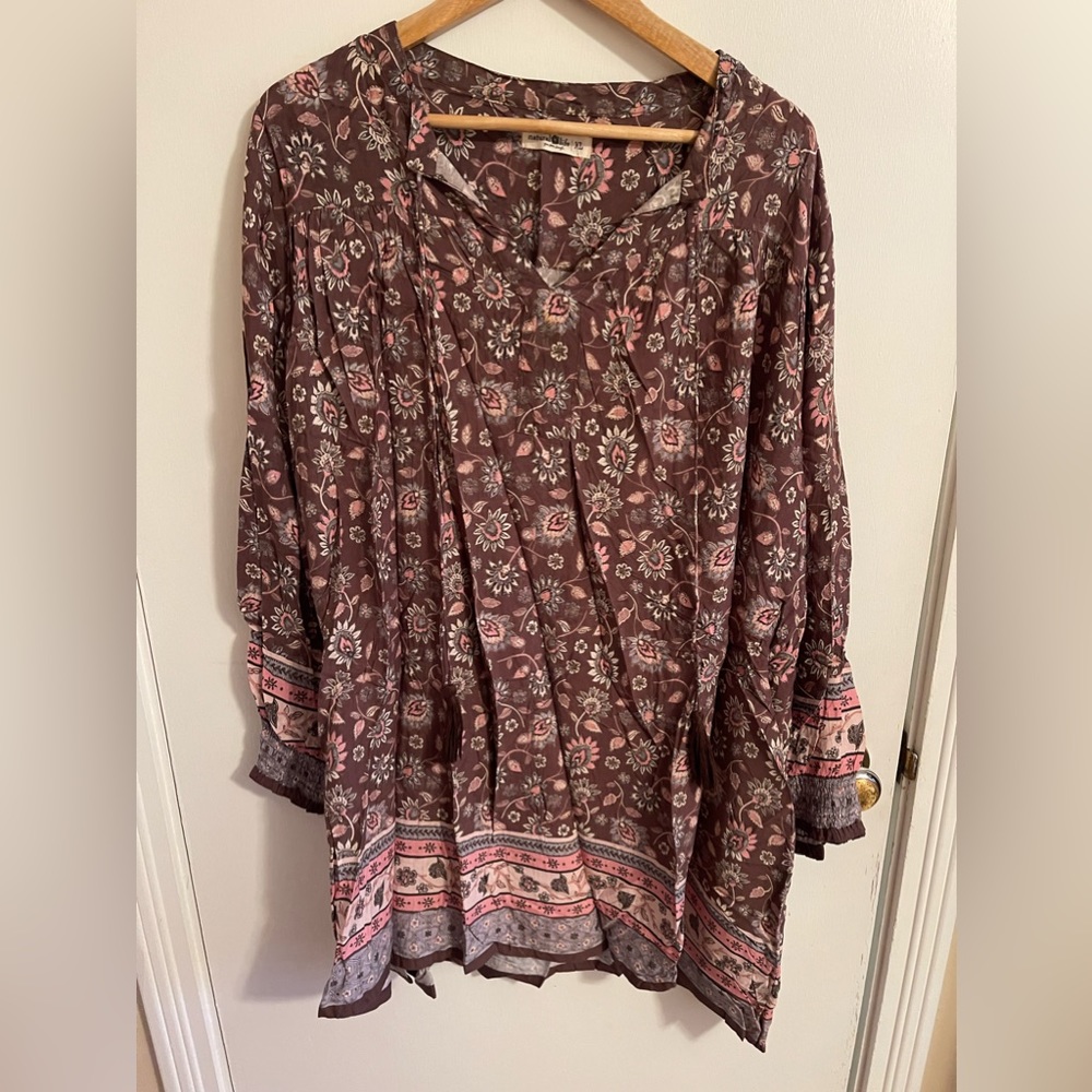 Natural Life Brown Pink Floral Tie Front Dress Blouse